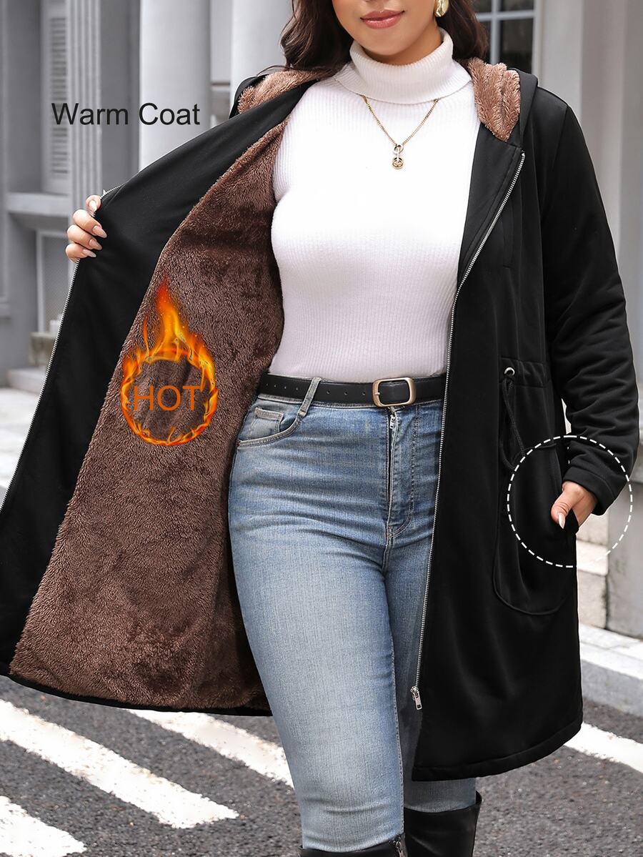SHEIN LUNE 大尺碼女款保暖內裡休閒百搭冬季連帽外套 - 黑色 - 查看 1