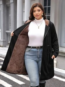 SHEIN LUNE 大尺碼女款保暖內裡休閒百搭冬季連帽外套 - 黑色 - 查看 8