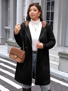 SHEIN LUNE 大尺碼女款保暖內裡休閒百搭冬季連帽外套 - 黑色 - 查看 5