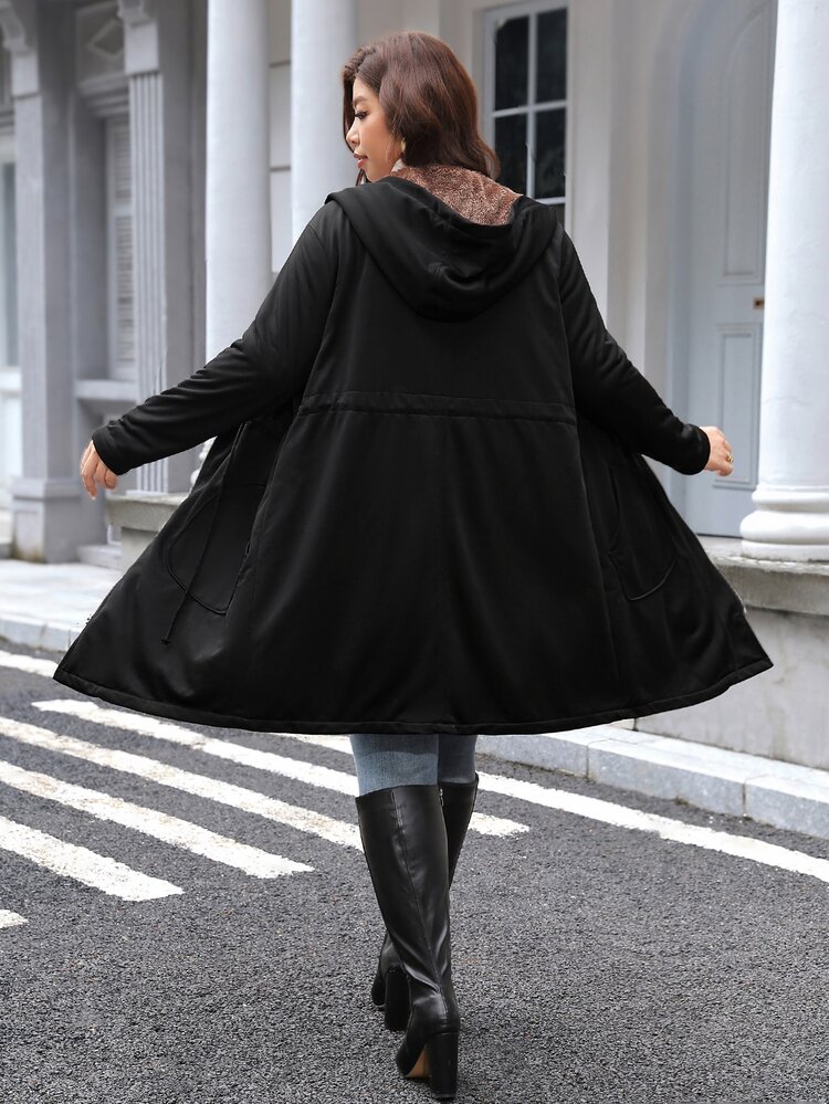SHEIN LUNE Plus Size Women's Thermal Lined Casual Versatile Winter Hooded Jacket - Black - View 2