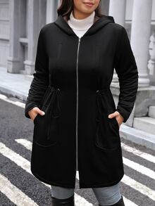 SHEIN LUNE 大尺碼女款保暖內裡休閒百搭冬季連帽外套 - 黑色 - 查看 6