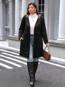 SHEIN LUNE 大尺碼女款保暖內裡休閒百搭冬季連帽外套 - 黑色 - 查看 3