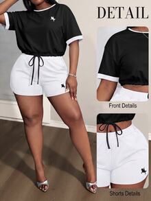 Slaydiva Plus Size Drawstring Contrast Color Short Sleeve Top And Knight Print Shorts 2 Pieces Set - Black - View 10