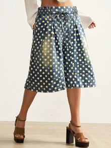 Bohemela Plus Size Loose Casual Polka Dot Print Wide Leg Denim Jeans - Blue - View 4
