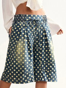 Bohemela Plus Size Loose Casual Polka Dot Print Wide Leg Denim Jeans - Blue - View 5