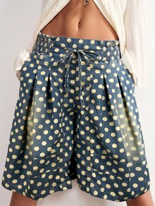 Bohemela Plus Size Loose Casual Polka Dot Print Wide Leg Denim Jeans - Blue - View 7
