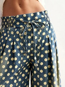 Bohemela Plus Size Loose Casual Polka Dot Print Wide Leg Denim Jeans - Blue - View 3
