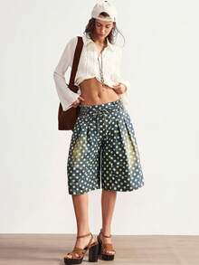 Bohemela Plus Size Loose Casual Polka Dot Print Wide Leg Denim Jeans - Blue - View 2