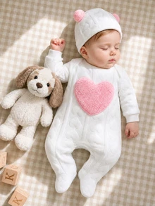 Baby Girls' Fall Autumn Winter Padded White Heart Pattern Long Sleeve Footie Hat Set Embroidered Lightweight Classic Pajamas Soft Cozy Indoor - 白色 - 查看 4