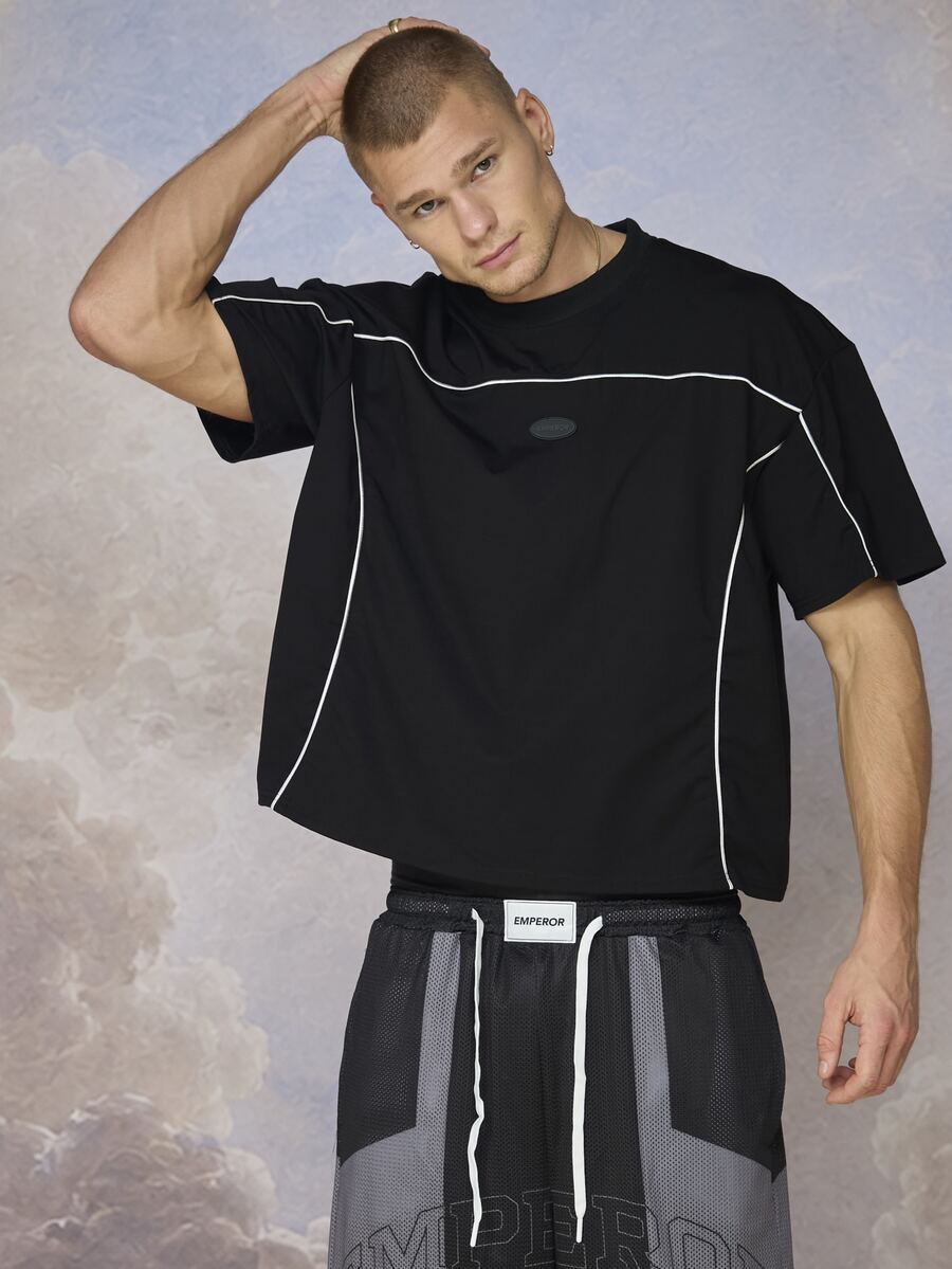 Emperor Men Contrast Piping Drop Shoulder Tee - Black - View 1