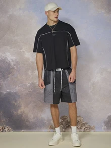 Emperor Men Contrast Piping Drop Shoulder Tee - Black - View 4