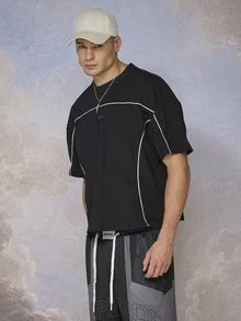 Emperor Men Contrast Piping Drop Shoulder Tee - Black - View 3