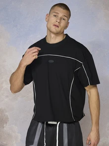 Emperor Men Contrast Piping Drop Shoulder Tee - Black - View 5