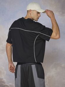 Emperor Men Contrast Piping Drop Shoulder Tee - Black - View 2