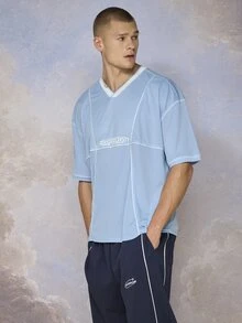 Emperor Men Letter Graphic Drop Shoulder Tee - Blue and White - View 3