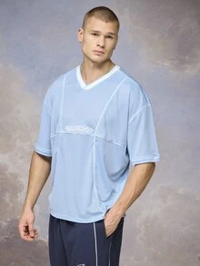 Emperor Men Letter Graphic Drop Shoulder Tee - Blue and White - View 1