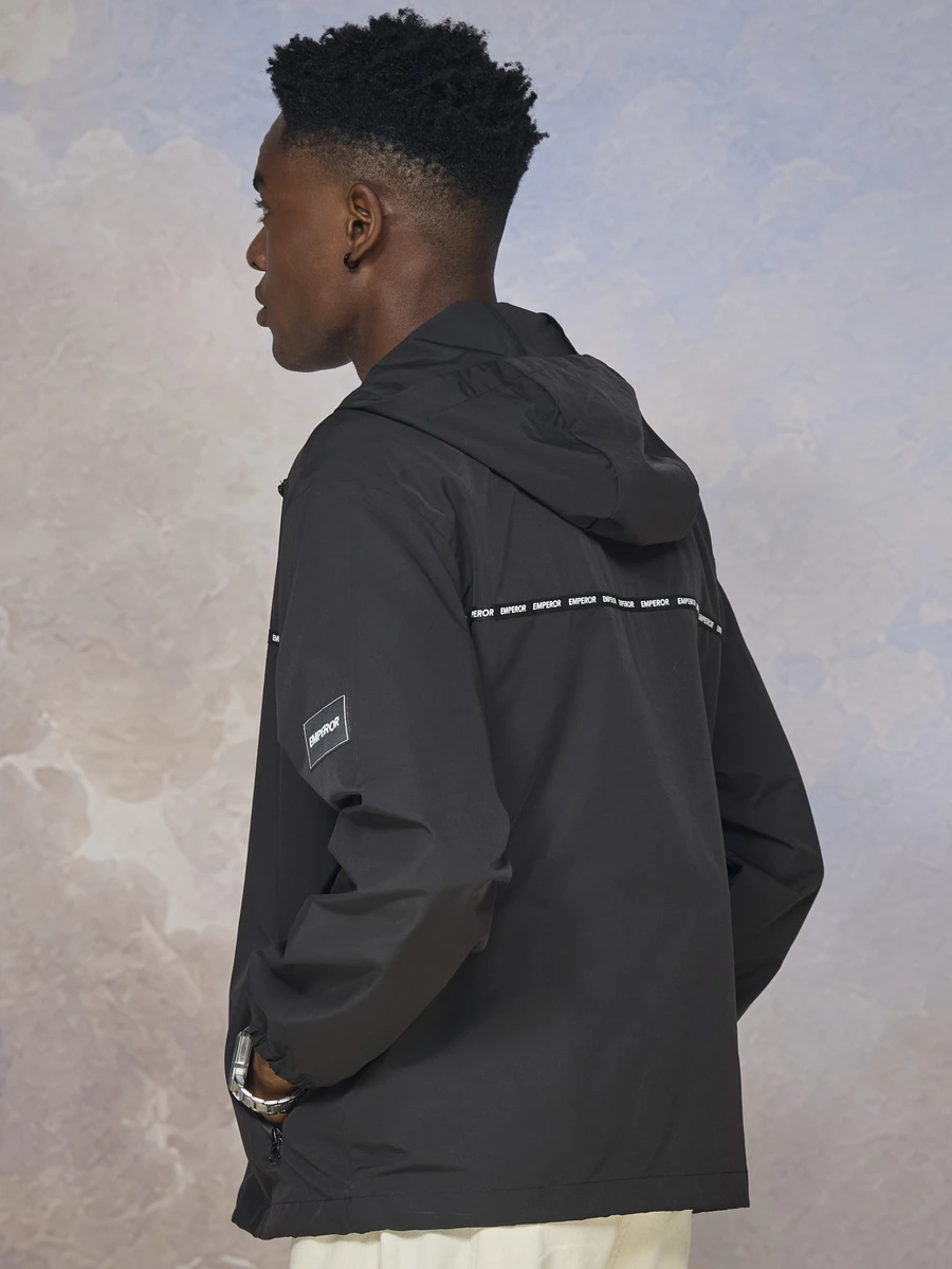 Emperor Men Letter Graphic Contrast Tape Zip Up Hooded Jacket - Black - View 1
