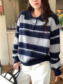 DAZY Sweater Lengan Panjang Bergaris dengan Kerah untuk Wanita - Grey - View 3
