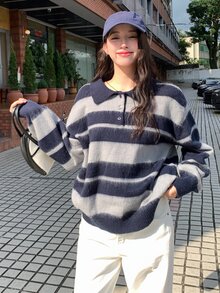 DAZY Sweater Lengan Panjang Bergaris dengan Kerah untuk Wanita - Grey - View 7