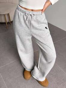 SHEIN Teen Girls Versatile Knit Light Gray Loose Casual Baggy Drawstring Pocket Wide Leg Sweatpants, Suitable For Daily Wear Back-To-School Gym Summer - Light Grey - View 3