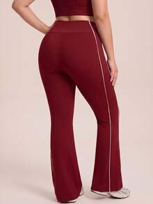 SHEIN Rhythm Era Plus Size High Waist Contrast Piping Flare Leg Sports Leggings - Burgundy - View 5