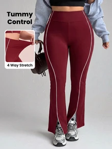 SHEIN Rhythm Era Plus Size High Waist Contrast Piping Flare Leg Sports Leggings - Burgundy - View 6