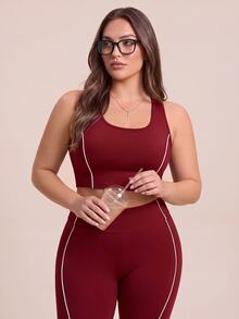 SHEIN Rhythm Era Plus Size High Waist Contrast Piping Flare Leg Sports Leggings - Burgundy - View 3