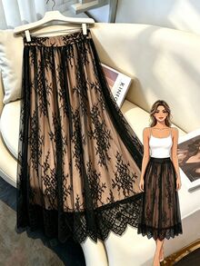 GlowEve CURVE Rok A-Line Wanita Ukuran Plus Berenda Elegan dan Modis - Hitam - View 3
