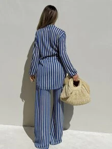 SHEIN Swim 女款藍色條紋提花布料開襟襯衫領和服式罩衫（不含褲子），適合夏季/秋季海灘度假、熱帶沿海風情 - 藍白色 - 查看 2