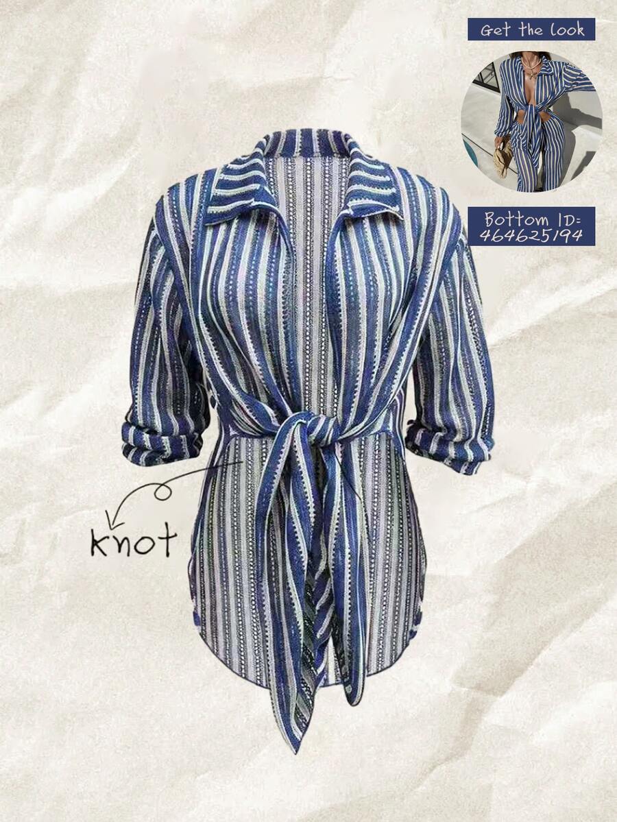 SHEIN Swim 女款藍色條紋提花布料開襟襯衫領和服式罩衫(不含褲子),適合夏季/秋季海灘度假、熱帶沿海風情 - 藍白色 - 查看 1