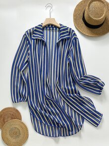 SHEIN Swim 女款藍色條紋提花布料開襟襯衫領和服式罩衫（不含褲子），適合夏季/秋季海灘度假、熱帶沿海風情 - 藍白色 - 查看 3