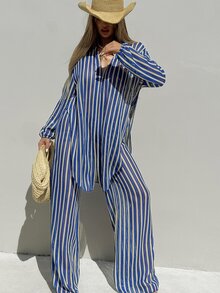 SHEIN Swim 女款藍色條紋提花布料開襟襯衫領和服式罩衫（不含褲子），適合夏季/秋季海灘度假、熱帶沿海風情 - 藍白色 - 查看 6