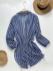 SHEIN Swim 女款藍色條紋提花布料開襟襯衫領和服式罩衫（不含褲子），適合夏季/秋季海灘度假、熱帶沿海風情 - 藍白色 - 查看 4