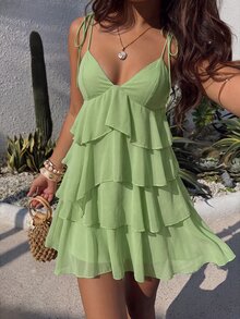 Aloruh Women's Solid Color Multi-Layer Ruffle Strap Mini Dress For Vacation Holiday Beach Green Summer Breezy Sexy - Green - View 6