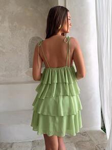 Aloruh Women's Solid Color Multi-Layer Ruffle Strap Mini Dress For Vacation Holiday Beach Green Summer Breezy Sexy - Green - View 2