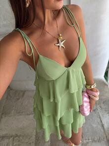 Aloruh Women's Solid Color Multi-Layer Ruffle Strap Mini Dress For Vacation Holiday Beach Green Summer Breezy Sexy - Green - View 7