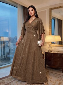 Auveirra Elegant glansig klänning för kvinnor i plus size med överlappande V-ringning och utställda ärmar - Dammrosa - Visa 5