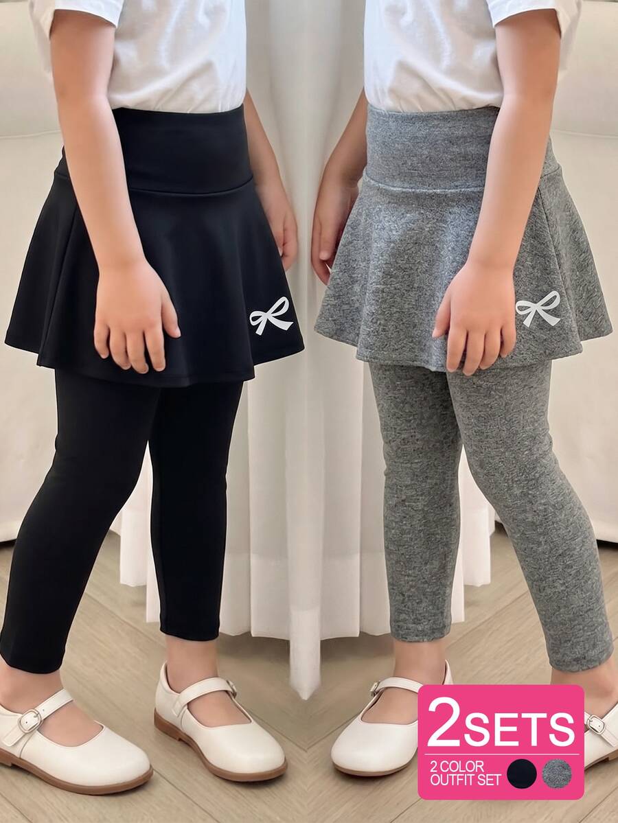 2件組青少年女孩高腰裙褲，秋季內建內搭褲裙，蝴蝶結印花，彈性裙褲，適合學校、芭蕾舞與日常穿著