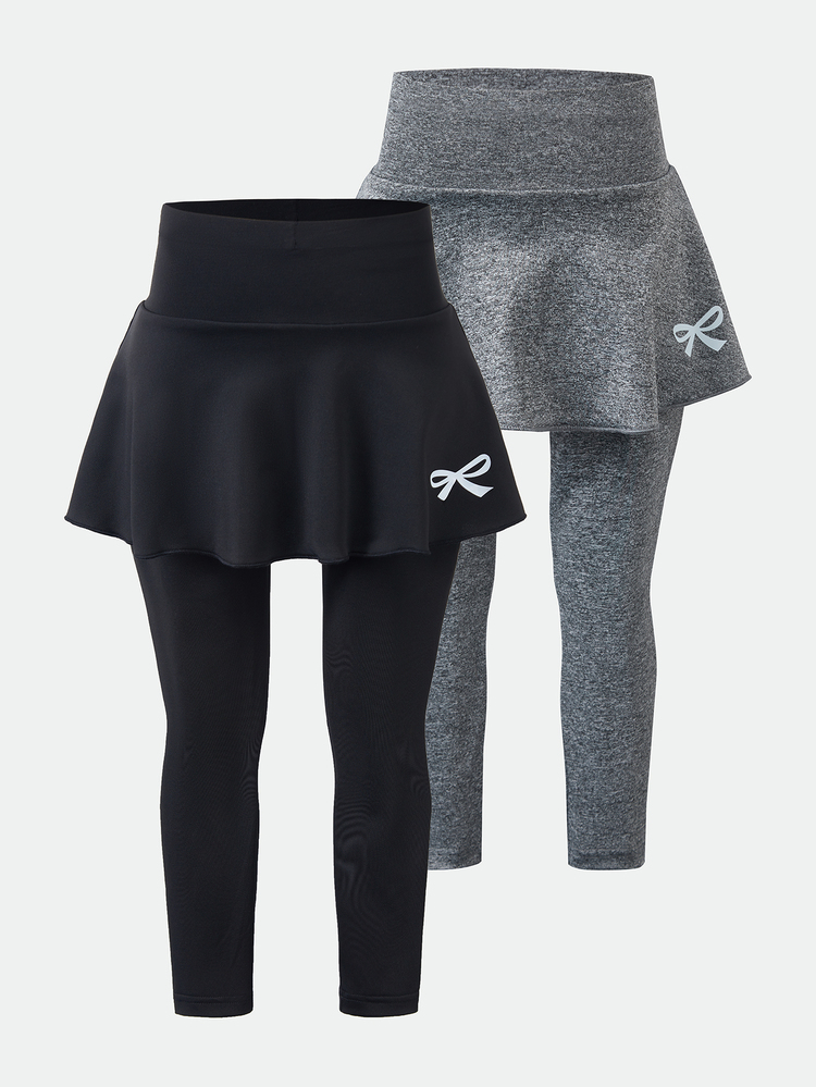 2pcs/Set Tween Girls Leggings Skirt, Autumn/Fall High Waisted Skirt With Built-In Leggings, Bow Print, Stretchy Skirt For School, Ballet & Daily Wear - Black - View 3