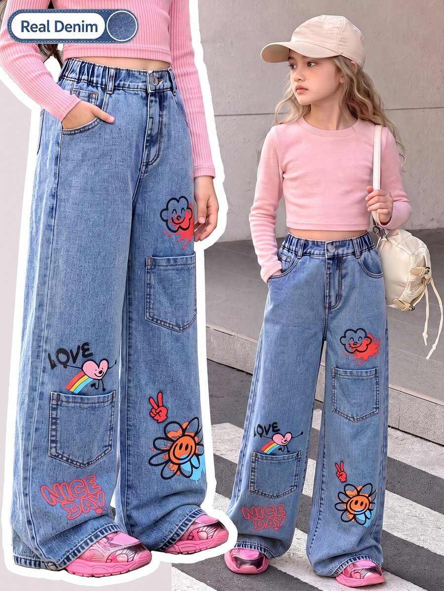 SHEIN Sparklyn 青少年女孩美式復古Y2K塗鴉卡通印花寬腿牛仔褲休閒多口袋工裝褲甜酷街頭風高腰直筒寬腿長褲 - 中等水洗藍 - 查看 1