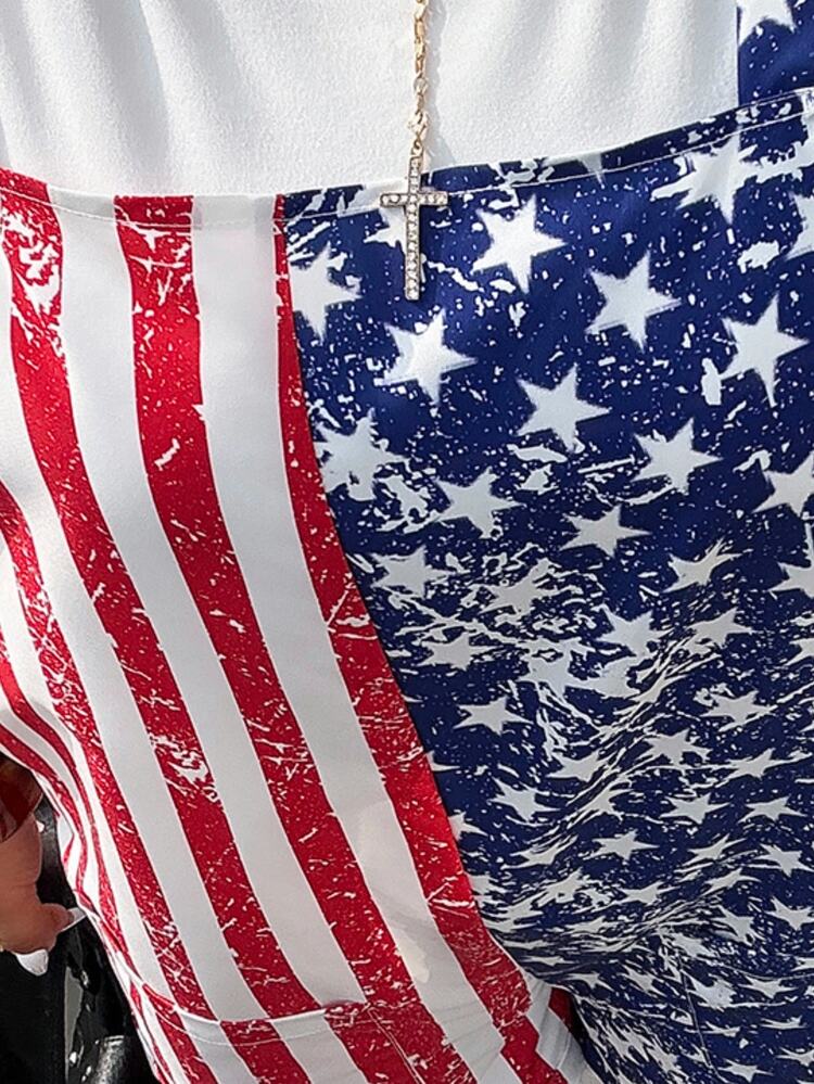 Muchica Plus Size Women's American Flag Print Pocket Romper - Multicolor - View 1