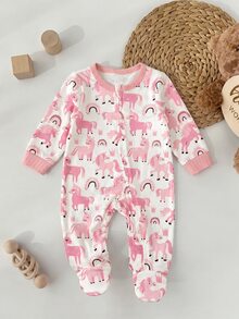 SHEIN Newborn Baby Printed Zipper Long Sleeve Cute Romper(3 Sets, Get 1 Set Random) - Pink - View 3
