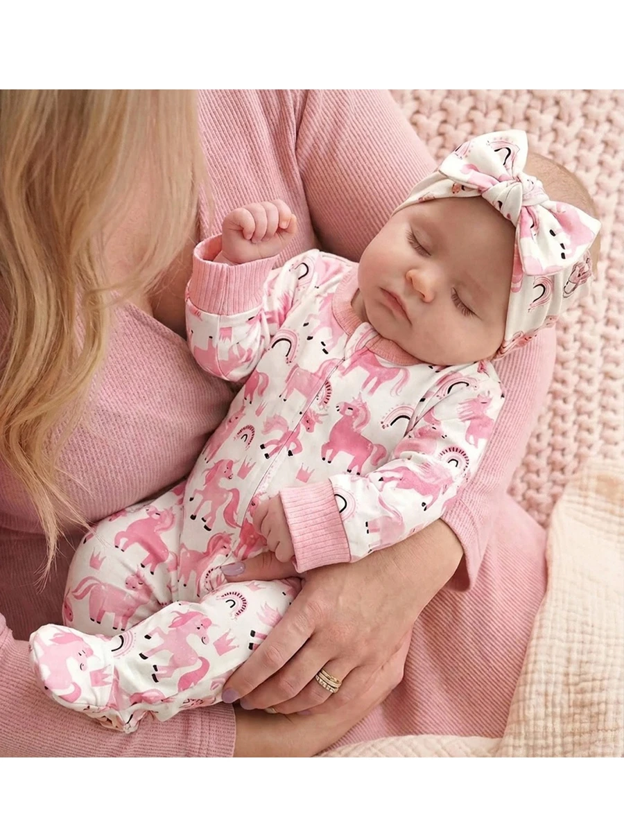 SHEIN Newborn Baby Printed Zipper Long Sleeve Cute Romper(3 Sets, Get 1 Set Random) - Pink - View 1