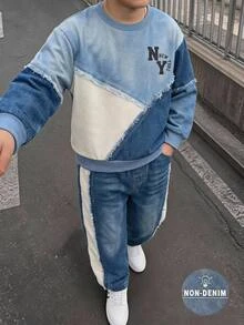 2件組男童秋季深藍色與水藍色拼色字母NY印花寬腿運動衫長褲套裝 休閒端莊校園風 - 彩色 - 查看 3