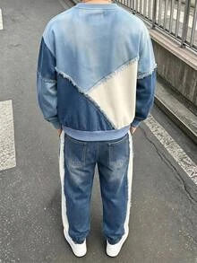 2件組男童秋季深藍色與水藍色拼色字母NY印花寬腿運動衫長褲套裝 休閒端莊校園風 - 彩色 - 查看 2