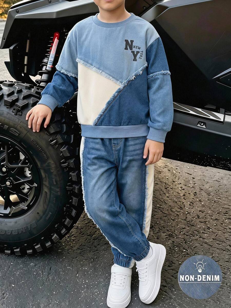 2件組男童秋季深藍色與水藍色拼色字母NY印花寬腿運動衫長褲套裝 休閒端莊校園風 - 彩色 - 查看 1
