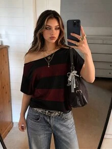 Attitoon Casual Minimalist Black & Red Full Print Off Shoulder Loose Short Sleeve T-Shirt For Women, Suitable For Summer,Fall Tops - Multicolor - View 7