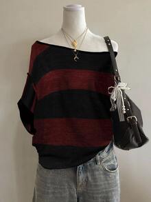 Attitoon Casual Minimalist Black & Red Full Print Off Shoulder Loose Short Sleeve T-Shirt For Women, Suitable For Summer,Fall Tops - Multicolor - View 1