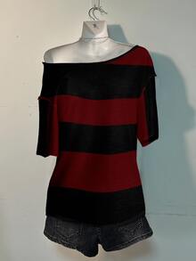 Attitoon Casual Minimalist Black & Red Full Print Off Shoulder Loose Short Sleeve T-Shirt For Women, Suitable For Summer,Fall Tops - Multicolor - View 5