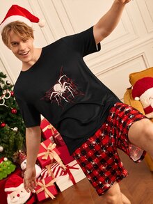 Provexi Provexi Halloween Fun Spider Element Pajamas, Men's Comfortable Plaid Short Sleeve & Shorts 2 Pieces Loungewear Set - Multicolor - View 2